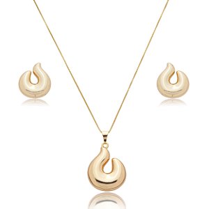 Conjunto de brinco e colar liso banho em ouro 18k