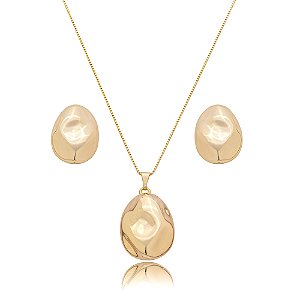 Conjunto de brinco e colar dourado liso banho em ouro 18k