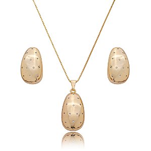 Conjunto de brinco e colar cravejado de zirconia cristal banho em ouro 18k