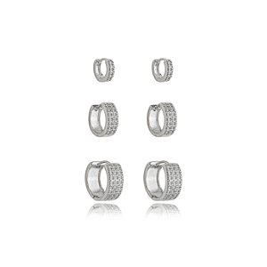 Trio de argola cravejado de zirconia cristal banho em rodio branco