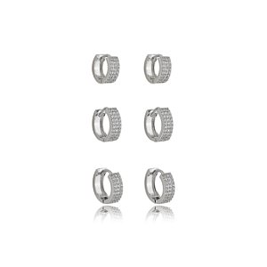 Trio de argola cravejado de zirconia cristal banho em rodio branco