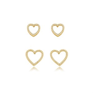 Dupla de coração cravejado de zirconia cristal banho em ouro 18k