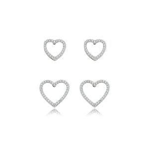 Dupla de coração cravejado de zirconia cristal banho em rodio branco