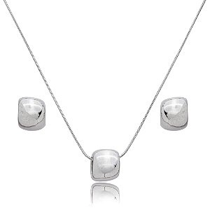 Conjunto de brinco e colar liso banho em rodio branco