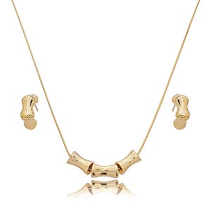 Conjunto de brinco e colar liso banho em ouro 18k