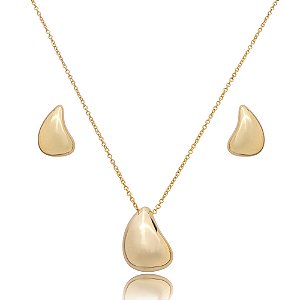 Conjunto de brinco e colar liso banho em ouro 18k