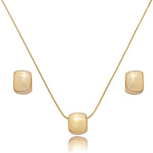 Conjunto de brinco e colar liso banho em ouro 18k
