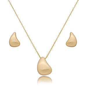 Conjunto de brinco e colar liso acetinado banho em ouro 18k