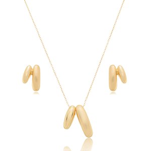 Conjunto de brinco e colar liso acetinado banho em ouro 18k