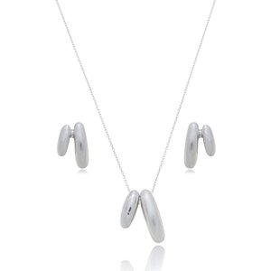Conjunto de brinco e colar liso acetinado banho em rodio branco