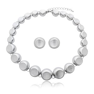 Conjunto de brinco e colar liso acetinado banho em rodio branco