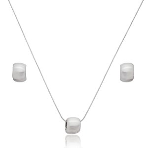 Conjunto de brinco e colar liso acetinado banho em rodio branco