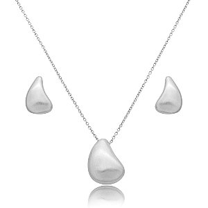 Conjunto de brinco e colar acetinado liso banho em rodio branco