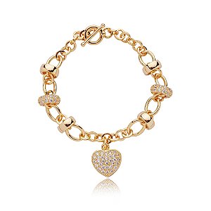 Pulseira de coração cravejada de zirconia cristal banho em ouro 18k