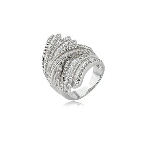 Anel cravejado de zirconia cristal banho em rodio branco