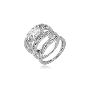 Trio de aneis cravejado de zirconia cristal banho em rodio branco