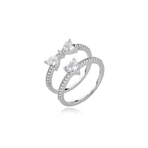 Dupla de aneis cravejado de zirconia cristal banho em rodio branco