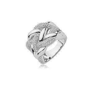 Anel cravejado de zirconia cristal banho em rodio branco