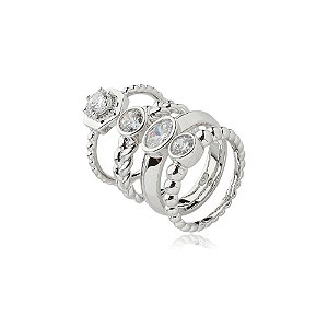 Conjunto de anel com zirconia cristal banho em rodio branco