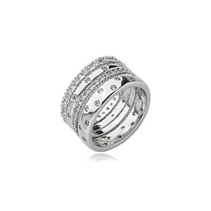 Conjunto de anel cravejado de zirconia cristal banho em rodio branco