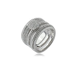 Trio de aneis cravejado de zirconia cristal banho em rodio branco