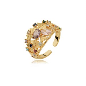 Anel dourado cravejado de zirconia colorida banho em ouro 18k