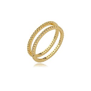 Dupla de aneis cravejado de zirconia cristal banho em ouro 18k