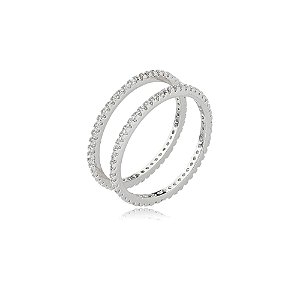 Dupla de anel cravejado de zirconia cristal banho em rodio branco