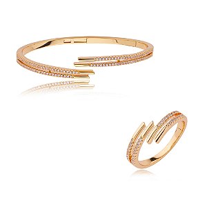 Conjunto de anel e bracelete cravejado de zirconia cristal banho em ouro 18k