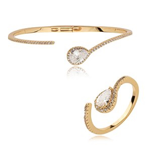 Conjunto de anel e bracelete cravejado de zirconia cristal banho em ouro 18k