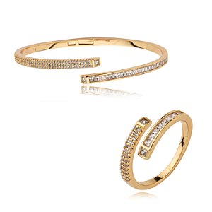 Conjunto de anel e bracelete cravejado de zirconia cristal banho em ouro 18k