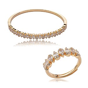 Conjunto de anel e bracelete cravejado de zirconia cristal banho em ouro 18k