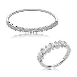Conjunto de anel e bracelete cravejado de zirconia cristal banho em rodio branco