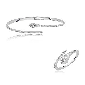 Conjunto de anel e bracelete cravejado de zirconia cristal banho em rodio branco