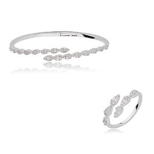 Conjunto de anel e bracelete cravejado de zirconia cristal banho em rodio branco