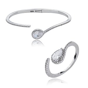 Conjunto de anel e bracelete cravejado de zirconia cristal banho em rodio branco