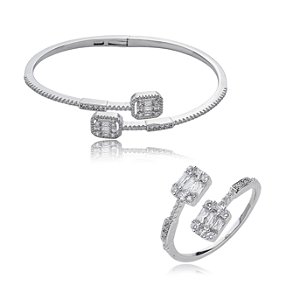 Conjunto de anel e bracelete cravejado de zirconia cristal banho em rodio branco