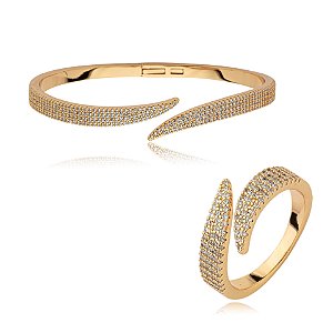 Conjunto de anel e bracelete cravejado de zirconia cristal banho em ouro 18k