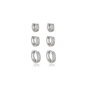 Trio de argola cravejado de zirconia cristal banho em rodio branco