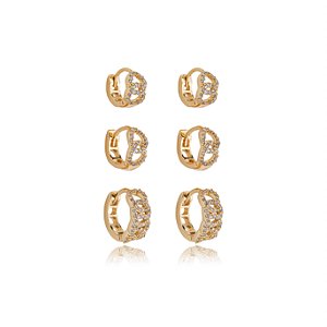Trio de argola cravejado de zirconia cristal banho em ouro 18k