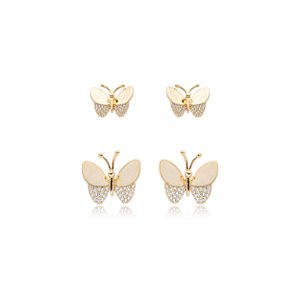 Dupla de borboleta cravejada de zirconia cristal banho em ouro 18k