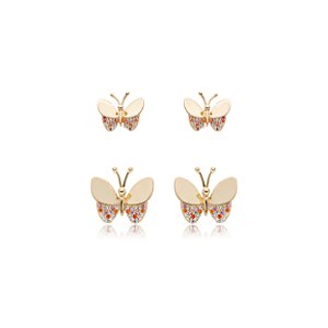 Dupla de borboleta cravejada de zirconia colorida banho em ouro 18k
