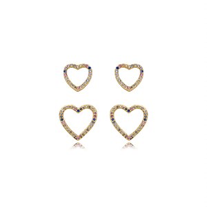 Dupla de coração cravejada de zirconia colorida banho em ouro 18k