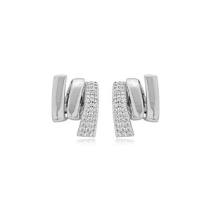 Brinco cravejado de zirconia cristal banho em rodio branco