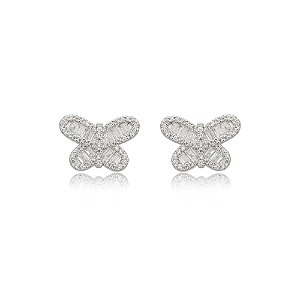 Brinco de borboleta cravejado de zirconia cristal banho em rodio branco