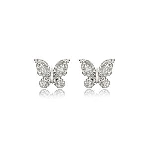 Brinco cravejado de zirconia cristal banho em rodio branco