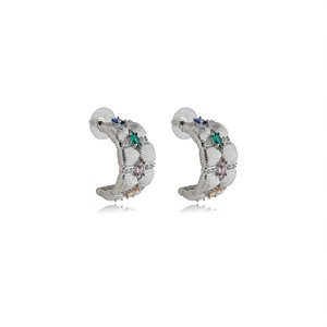 Brinco de argola cravejado de zirconia colorida banho em rodio branco