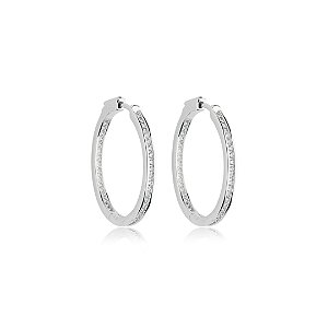 Brinco de argola cravejado de zirconia cristal banho em rodio branco