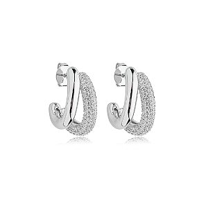 Brinco de argola cravejado de zirconia cristal banho em rodio branco