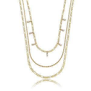 Colar de trio cravejado de zirconia cristal banho em ouro 18k
